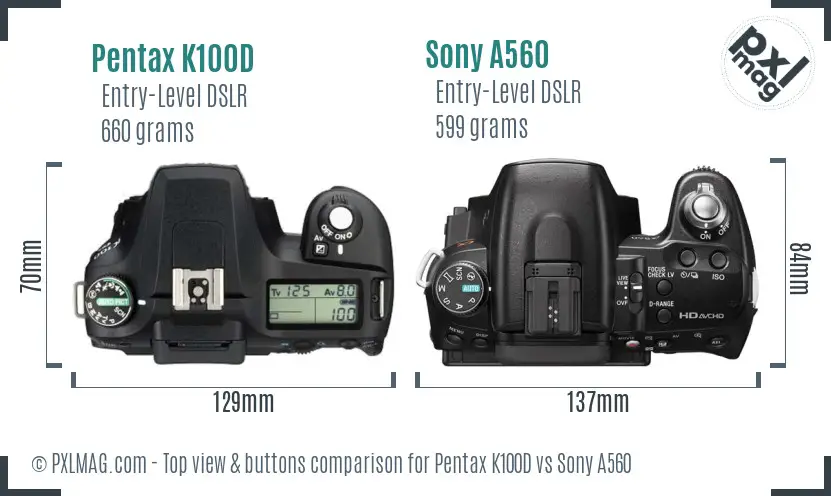 Pentax K100D vs Sony A560 top view buttons comparison