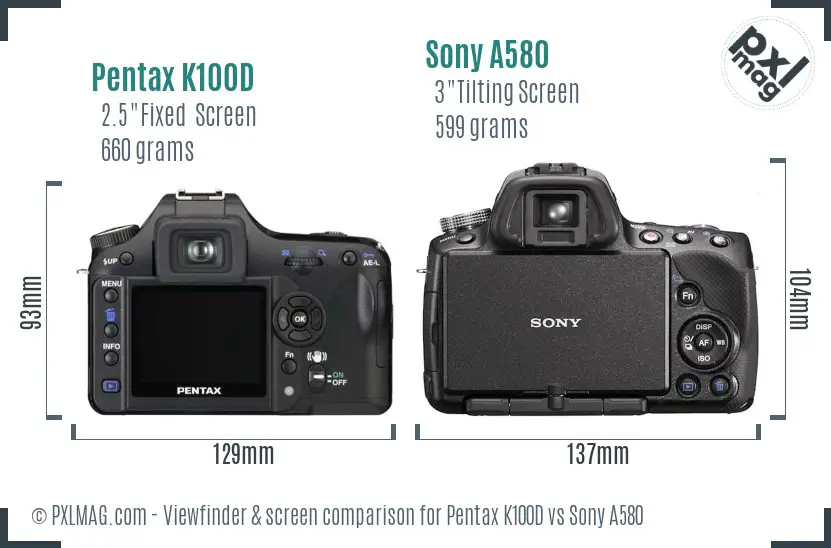 Pentax K100D vs Sony A580 Screen and Viewfinder comparison
