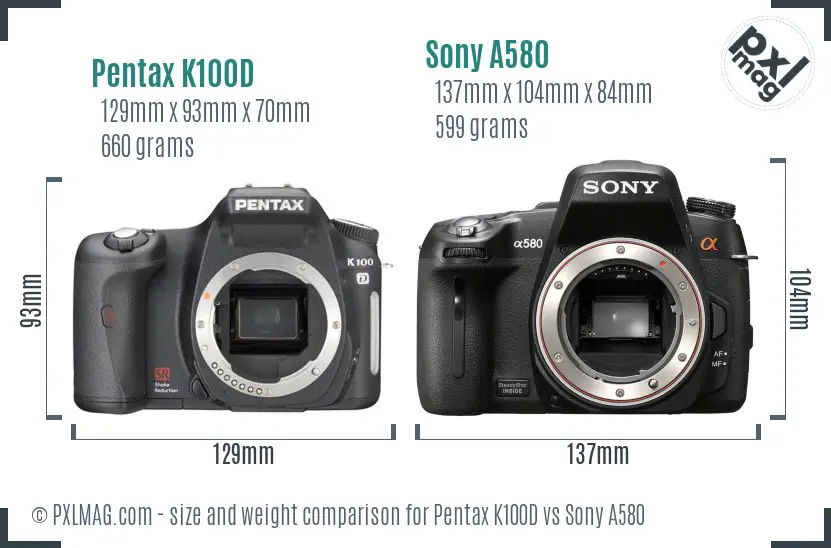 Pentax K100D vs Sony A580 size comparison