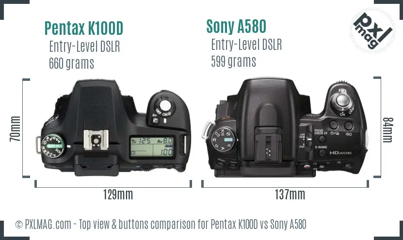 Pentax K100D vs Sony A580 top view buttons comparison