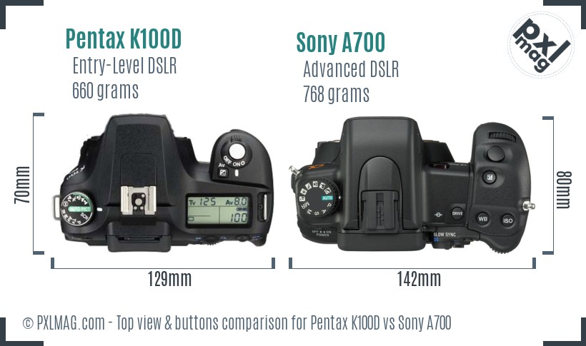 Pentax K100D vs Sony A700 top view buttons comparison