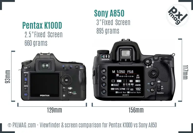 Pentax K100D vs Sony A850 Screen and Viewfinder comparison