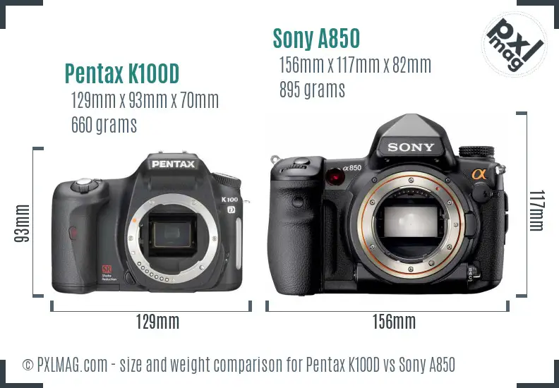 Pentax K100D vs Sony A850 size comparison