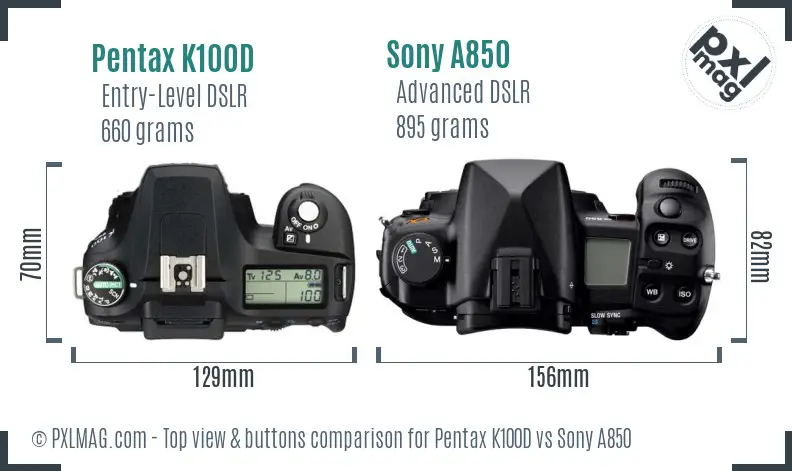 Pentax K100D vs Sony A850 top view buttons comparison