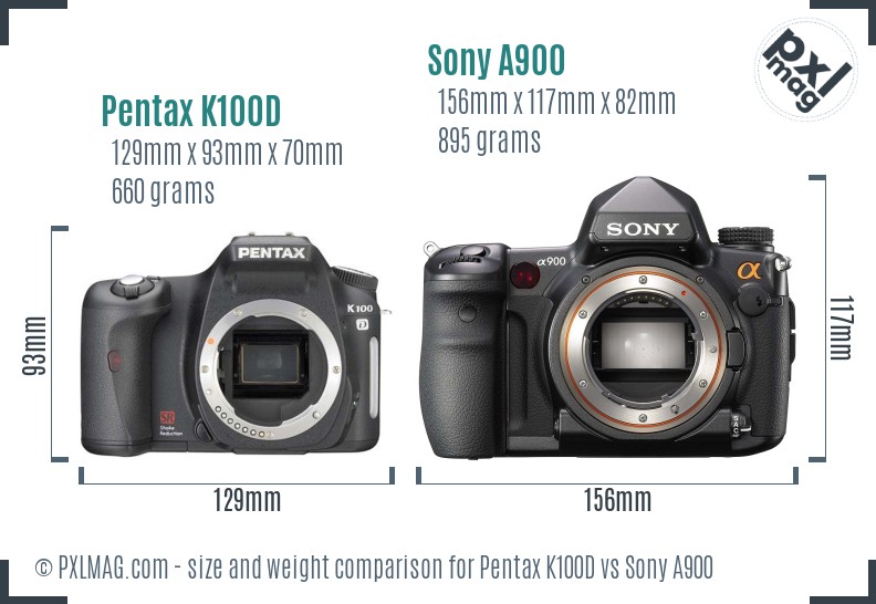 Pentax K100D vs Sony A900 size comparison Pentax K100D vs Sony A900 size comparison