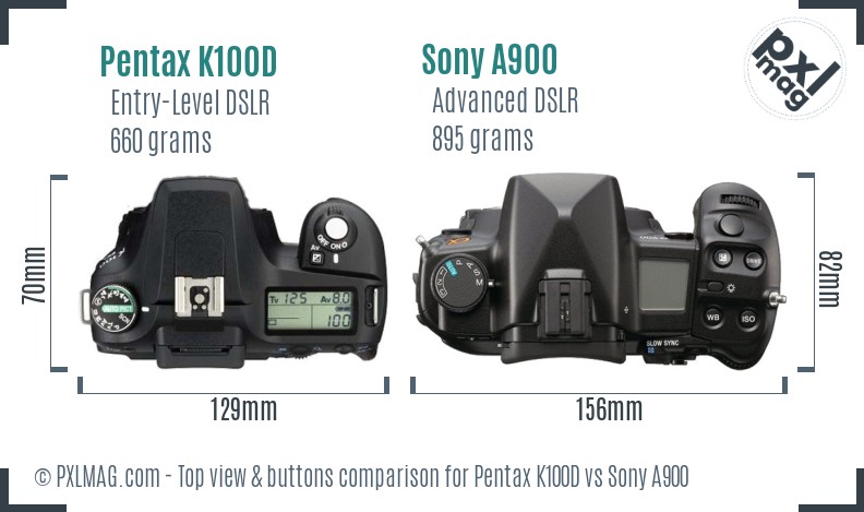 Pentax K100D vs Sony A900 top view buttons comparison