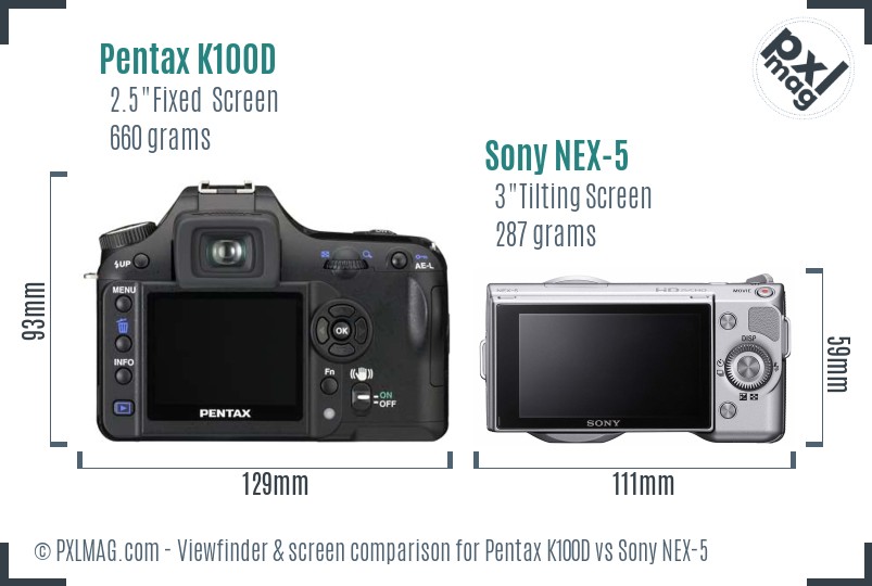 Pentax K100D vs Sony NEX-5 Screen and Viewfinder comparison