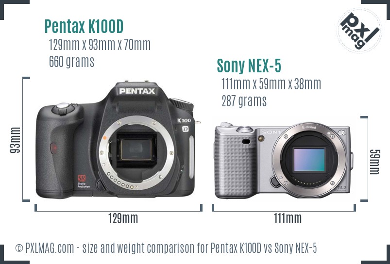 Pentax K100D vs Sony NEX-5 size comparison Pentax K100D vs Sony NEX-5 size comparison
