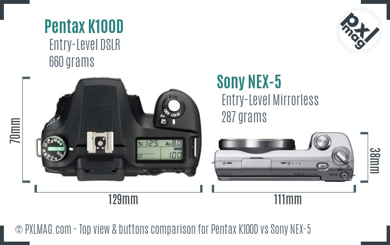 Pentax K100D vs Sony NEX-5 top view buttons comparison