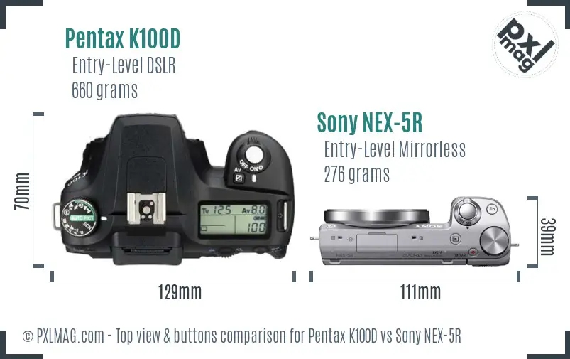 Pentax K100D vs Sony NEX-5R top view buttons comparison