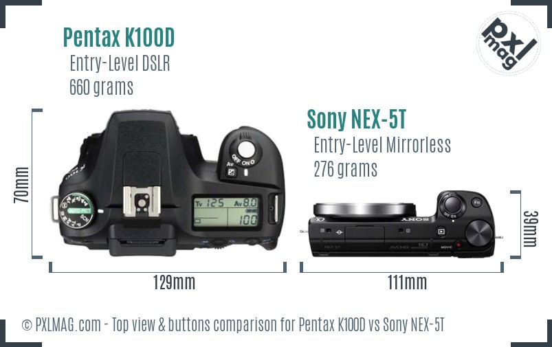 Pentax K100D vs Sony NEX-5T top view buttons comparison