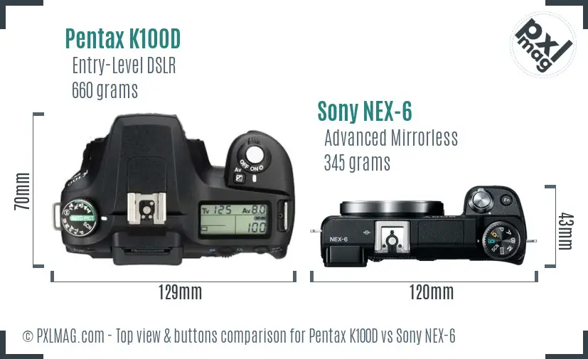 Pentax K100D vs Sony NEX-6 top view buttons comparison Pentax K100D vs Sony NEX-6 top view buttons comparison