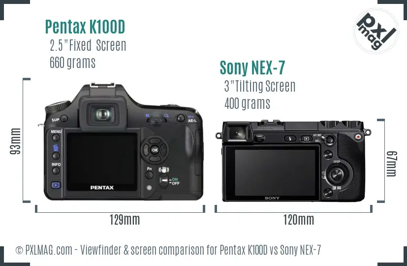 Pentax K100D vs Sony NEX-7 Screen and Viewfinder comparison
