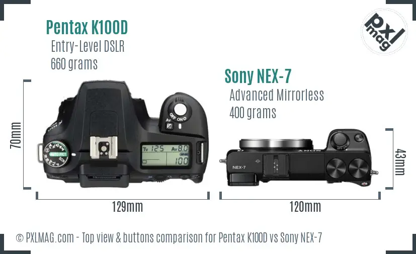Pentax K100D vs Sony NEX-7 top view buttons comparison