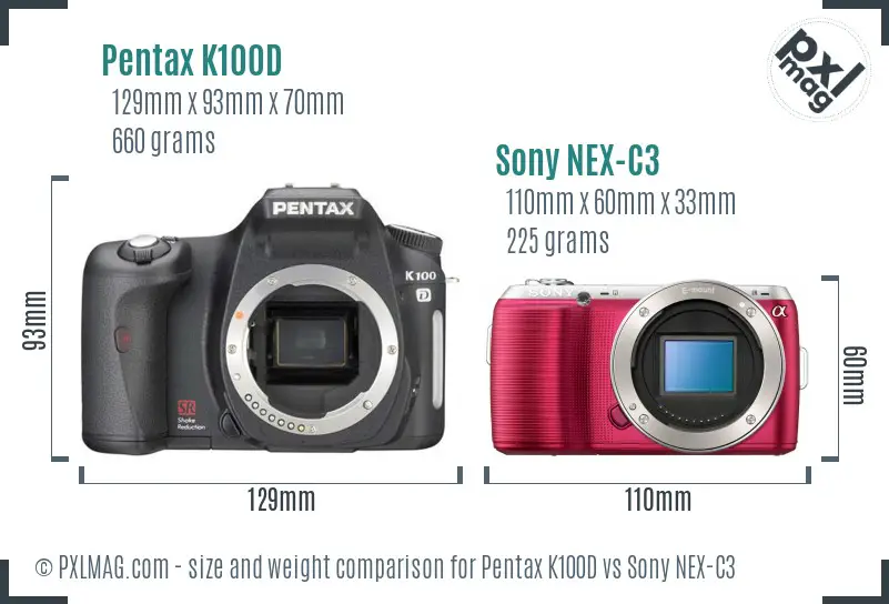 Pentax K100D vs Sony NEX-C3 size comparison