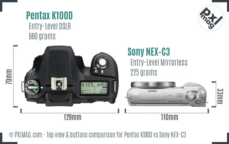 Pentax K100D vs Sony NEX-C3 top view buttons comparison