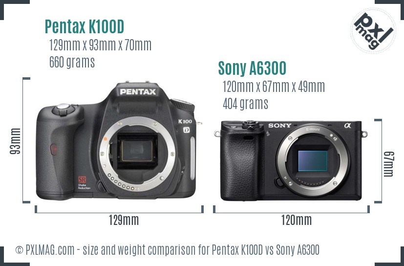 Pentax K100D vs Sony A6300 size comparison Pentax K100D vs Sony A6300 size comparison