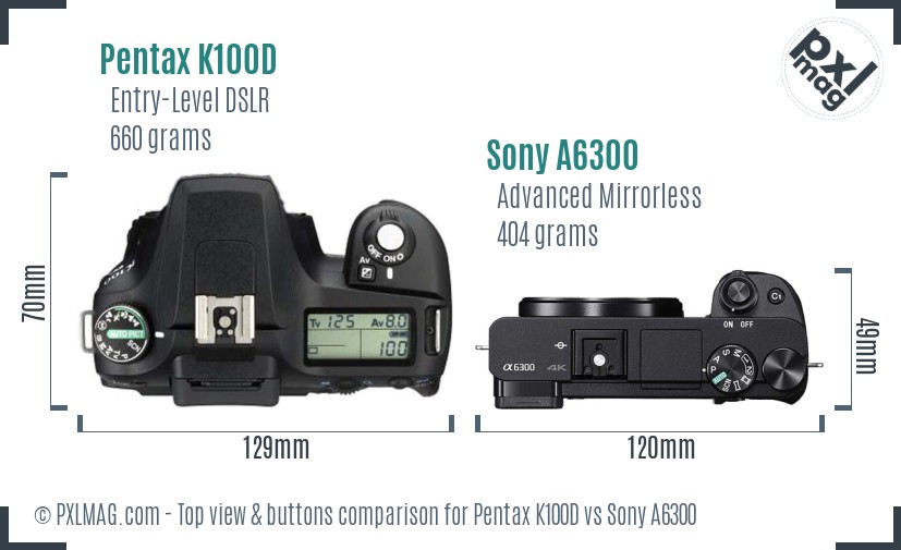 Pentax K100D vs Sony A6300 top view buttons comparison
