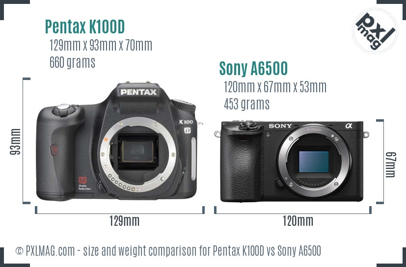 Pentax K100D vs Sony A6500 size comparison Pentax K100D vs Sony A6500 size comparison