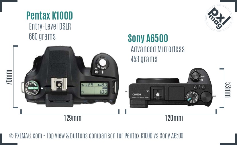 Pentax K100D vs Sony A6500 top view buttons comparison