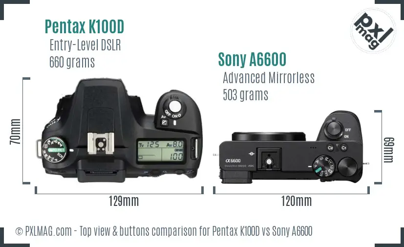 Pentax K100D vs Sony A6600 top view buttons comparison Pentax K100D vs Sony A6600 top view buttons comparison