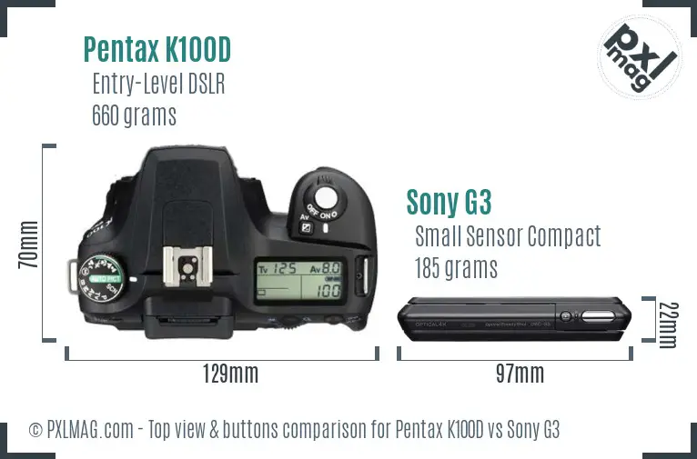 Pentax K100D vs Sony G3 top view buttons comparison