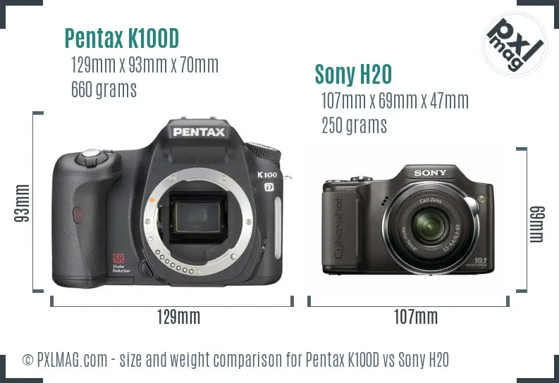 Pentax K100D vs Sony H20 size comparison