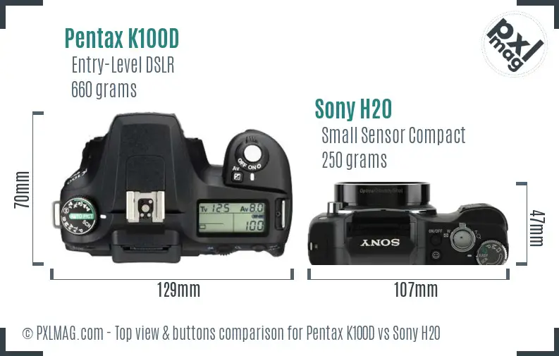 Pentax K100D vs Sony H20 top view buttons comparison