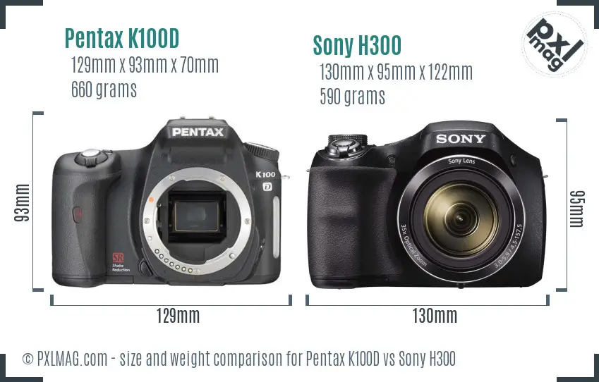 Pentax K100D vs Sony H300 size comparison