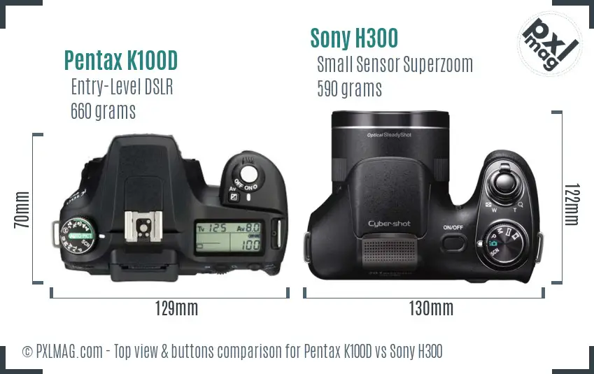 Pentax K100D vs Sony H300 top view buttons comparison