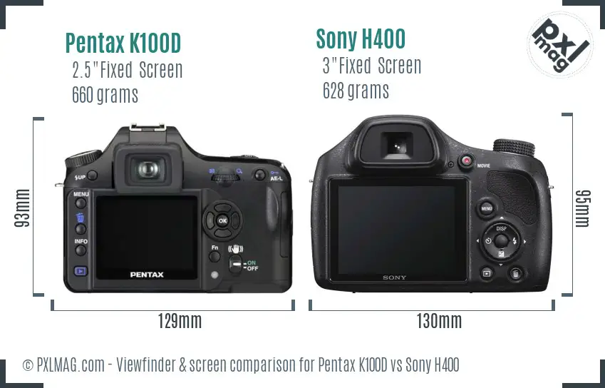 Pentax K100D vs Sony H400 Screen and Viewfinder comparison