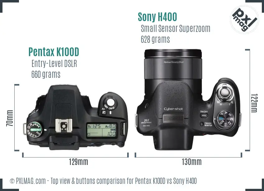 Pentax K100D vs Sony H400 top view buttons comparison