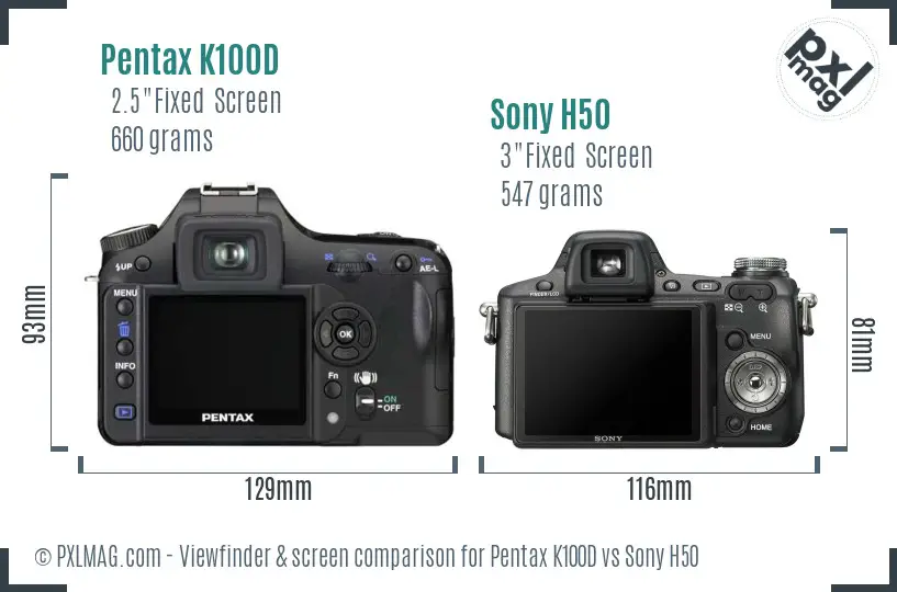 Pentax K100D vs Sony H50 Screen and Viewfinder comparison