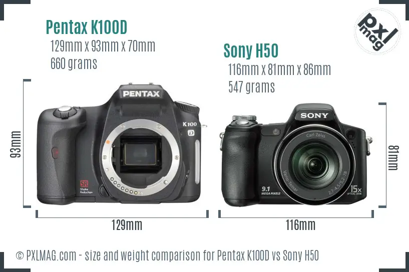 Pentax K100D vs Sony H50 size comparison