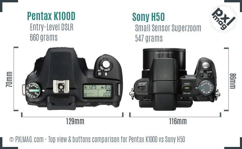 Pentax K100D vs Sony H50 top view buttons comparison