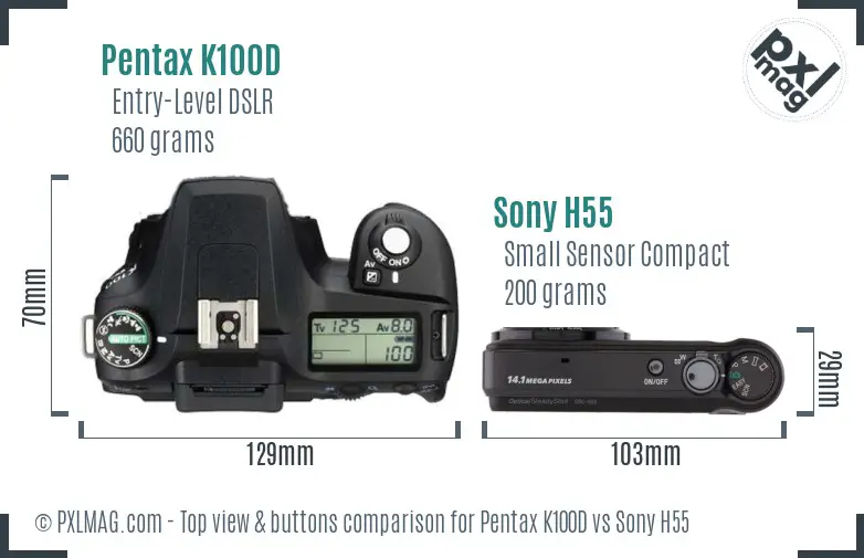 Pentax K100D vs Sony H55 top view buttons comparison