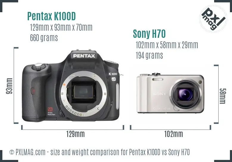 Pentax K100D vs Sony H70 size comparison