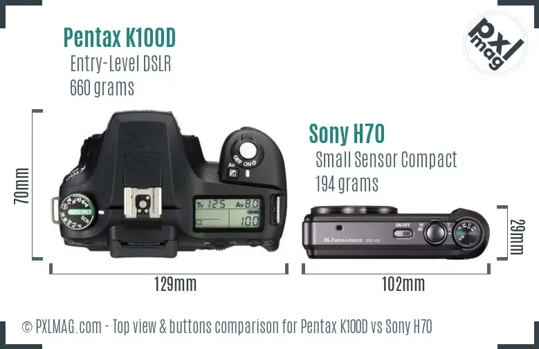 Pentax K100D vs Sony H70 top view buttons comparison