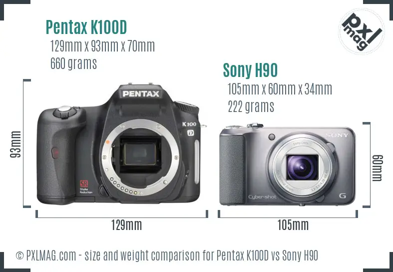 Pentax K100D vs Sony H90 size comparison