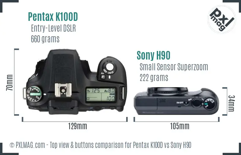 Pentax K100D vs Sony H90 top view buttons comparison