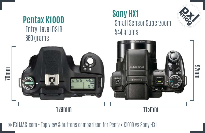 Pentax K100D vs Sony HX1 top view buttons comparison