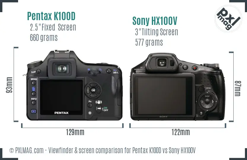 Pentax K100D vs Sony HX100V Screen and Viewfinder comparison