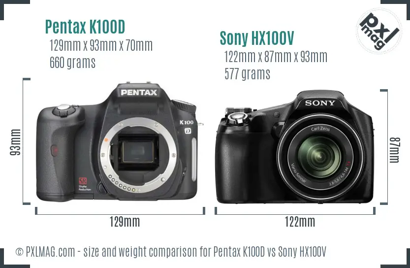 Pentax K100D vs Sony HX100V size comparison