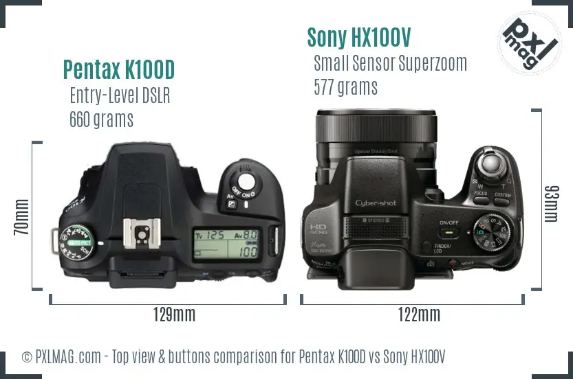 Pentax K100D vs Sony HX100V top view buttons comparison