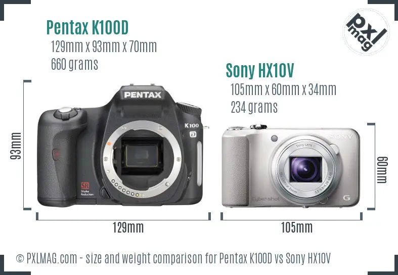 Pentax K100D vs Sony HX10V size comparison