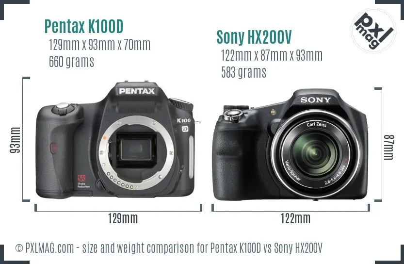 Pentax K100D vs Sony HX200V size comparison