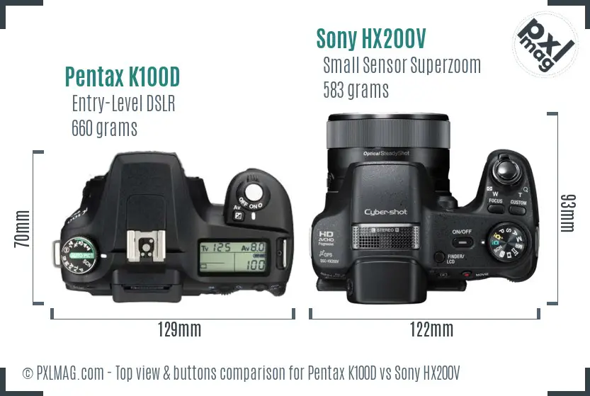 Pentax K100D vs Sony HX200V top view buttons comparison
