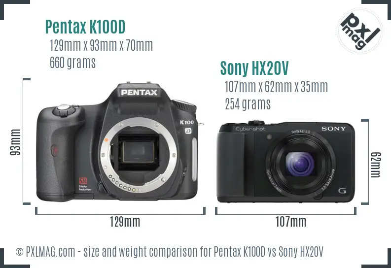 Pentax K100D vs Sony HX20V size comparison