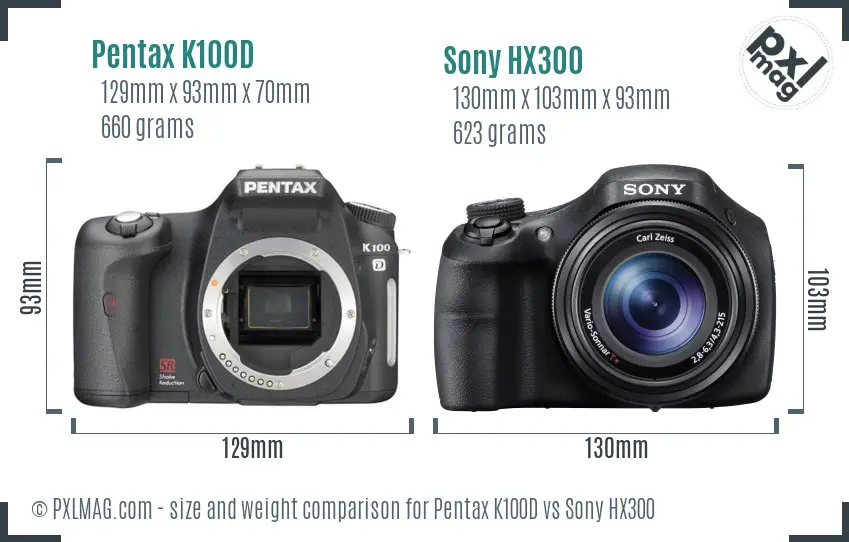 Pentax K100D vs Sony HX300 size comparison