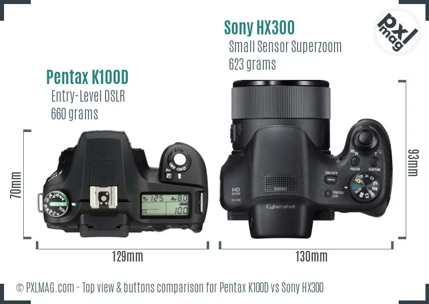 Pentax K100D vs Sony HX300 top view buttons comparison